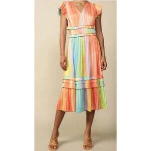 Anthropologie Current Air Sereia Dress Medium Pleated Ruffle Maxi Rainbow V-neck